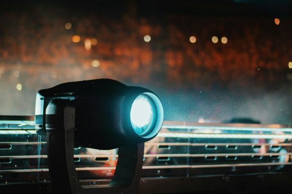 Stage illumination light equipment and projector. Searchlight floor. Element of job lighting.